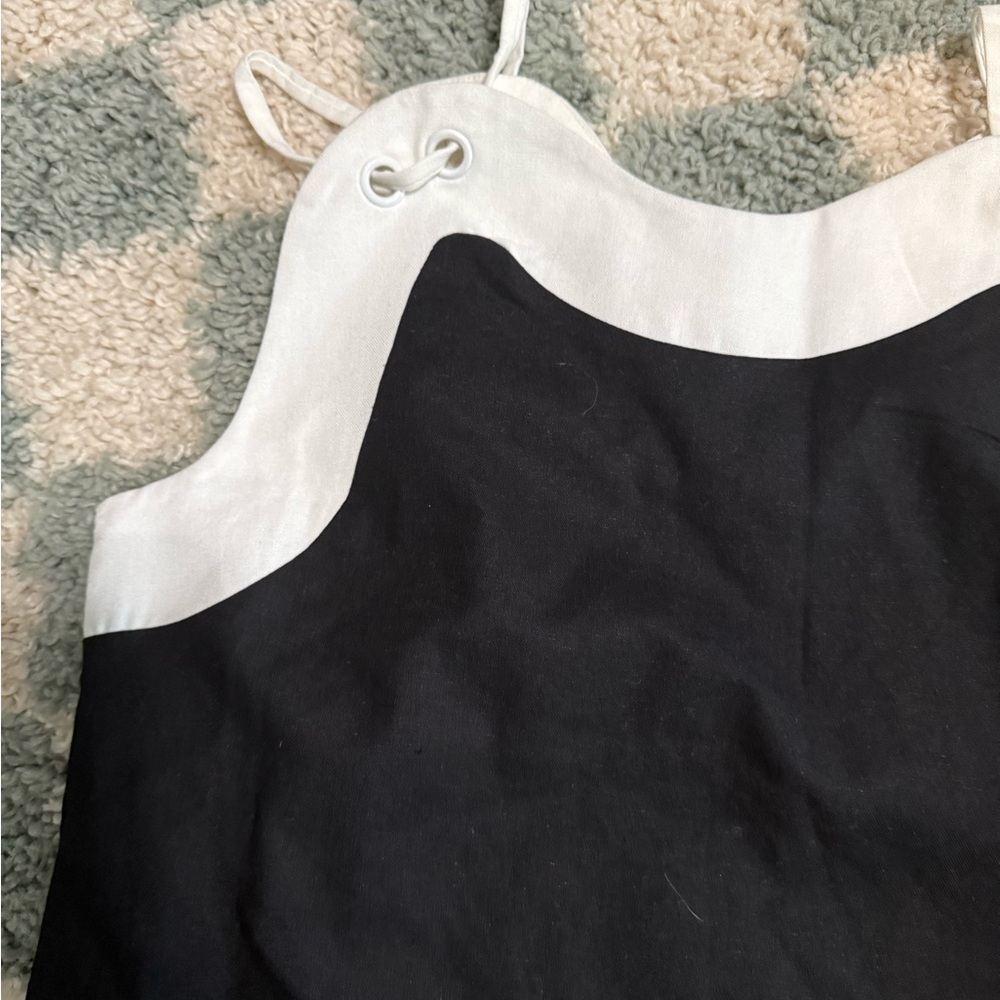 AUREUM linen blend black and white wave hem mini dress lined sleeveless Small - Picture 6 of 11